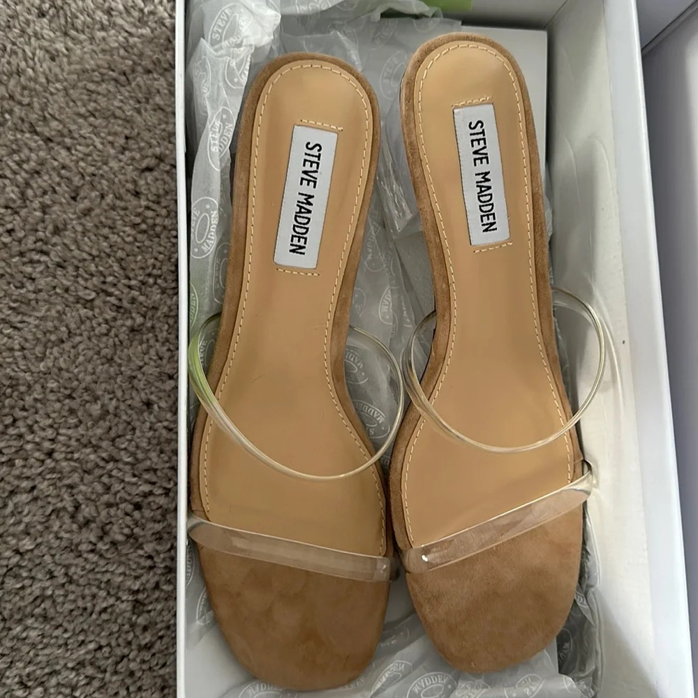 Steve Madden Clear Strap, Tan insole, Low Heels, 7.5
